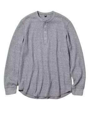 Uniqlo Men's Grey Henley Thermal Waffle Knit Long Sleeve T Shirt Men’s Medium